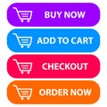 Collection of four colored buttons with text buy now, add to cart,checkout and order now with a cart icon. Sale icon : buy now Royalty Free Stock Photo