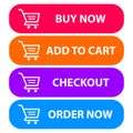 Collection of four colored buttons with text buy now, add to cart,checkout and order now with a cart icon. Sale icon : buy now Royalty Free Stock Photo