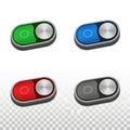 Collection of four colored toggle switch buttons with metallic silver slider elements Royalty Free Stock Photo
