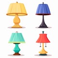 Collection four colorful table lamps, home decor illustration. Different styles lamps interior