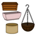 A collection of four distinct planter objects, including a wooden window box, a pale pink rectangular planter, a cylindrical tan Royalty Free Stock Photo
