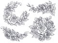 Collection of four elegant hand drawn graphic bouquets with rose flowers and leaves.