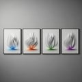 Four abstract flame shapes in frames, colored blue, orange, green, and purple Royalty Free Stock Photo