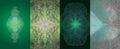 A collection of four green toned abstract designs with intricate line patterns and symmetrical shapes Royalty Free Stock Photo