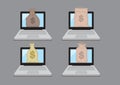 Collection of four laptop with a sack of money. Concept of online banking or earning money