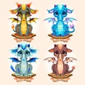 Collection of four natural element baby dragons, Fire, Water, Air and Earth Royalty Free Stock Photo