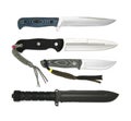 Collection four Tactical knives different sizes isolated on white. One knife with black anti-reflective blade coating Royalty Free Stock Photo