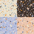 Collection of four terrazzo seamless pattern designs with hand drawn rocks. Abstract modern background, flat vector