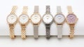a collection of four women's watches, highlighting their diamond lattice design, elegant appearance, and meticulous