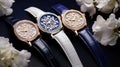 a collection of four women's watches, highlighting their diamond lattice design, elegant appearance, and meticulous