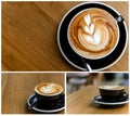 Collection of fresh brewed coffee with beautiful latte art on wooden table in cafe with copy space. Coffee break recreation relaxa Royalty Free Stock Photo