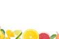 Collection of fresh citrus fruit slices isolated on white bottom. Collage of lemon, grapefruit and orange