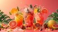 Fresh cocktails and tropical juices with vibrant garnishes on a colorful backdrop