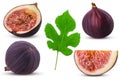 Collection fresh figs fruit, whole, slice, cut in half with leaf