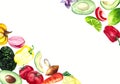 Collection of fresh fruits and vegetables on a white background with space for text. Watercolor. Tomatoes, peppers, avocado, Basil Royalty Free Stock Photo