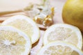 Collection of fresh grapefruit slices on background. Rotation citrus fruit. Top view.