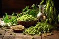 collection of fresh hops and barley on a wooden table