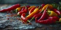 Collection of Fresh Hot Chilli Peppers on a rustic background