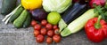 Collection of fresh organic fruits and vegetables on rustic wooden background, overhead. Top view Royalty Free Stock Photo