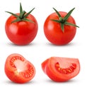 Collection fresh red tomato with green leaves, whole, cut in hal Royalty Free Stock Photo