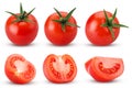 Collection fresh red tomato with green leaves, whole, cut in hal Royalty Free Stock Photo