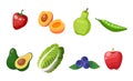 Collection of fresh strawberry, apricot, pear, peas, avocado, chinese cabbage, blueberries, apple Royalty Free Stock Photo