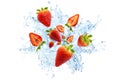 Collection of fresh Strawberry with splashing clear water on white background. Selective focus
