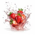 Collection of fresh Strawberry with splashing clear water on white background. Selective focus