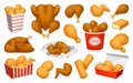 Collection fried chicken meat fast food cafe menu vector flat wings, legs, fillet, strips, nuggets