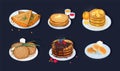 Collection of fried pancakes, blini, crepes, syrniki, oladyi lying on plates with various toppings isolated on dark