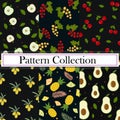 Collection of fruit and berry patterns on a dark background