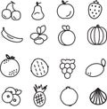 Collection of fruit icons, black sketch on white background. Fruits icons set, healthy eating. Vector illustration Royalty Free Stock Photo