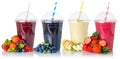 Collection of fruit smoothies fruits juice drink straw in a cup isolated on white Royalty Free Stock Photo