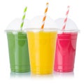 Collection of fruit smoothies fruits orange juice straw drink in cups isolated on white Royalty Free Stock Photo