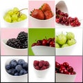 Collection of fruit in white ceramic bowls on multicolor background isolated