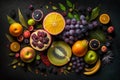 Collection of fruits on a dark, black background. Top view of fresh and juicy crops. Seasonal background. Advertising banner. Royalty Free Stock Photo