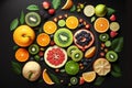 Collection of fruits on a dark, black background. Top view of fresh and juicy crops. Seasonal background. Advertising banner. Royalty Free Stock Photo