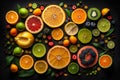 Collection of fruits on a dark, black background. Top view of fresh and juicy crops. Seasonal background. Advertising banner. Royalty Free Stock Photo