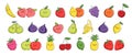 Collection of fruits expressing positive emotions. Vector set of drawings with cute fruits and berries in kawaii style