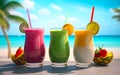 Collection of fruits smoothies on beach tropical resort background. Generative AI Royalty Free Stock Photo