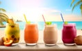 Collection of fruits smoothies on beach tropical resort background. Generative AI Royalty Free Stock Photo