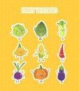 Collection of Fruits and Vegetables Stickers Set, Cabbage, Pepper, Squash, Pumpkin, Eggplant, Artichoke Characters with