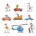 Collection of Funny Animal Characters Using Various Types of Vehicles, Rabbit, Dragon, Hippo, Zebra, Cow, Bird, Fox