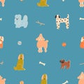 Collection of funny dogs seamless pattern. Cute puppies and dogs fabric design in vector. Royalty Free Stock Photo