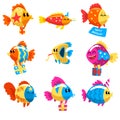 Collection of funny fishes, cute colorful sea creatures characters, marine theme design elements can be used for kids