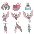 Collection of funny gray bats, cute creature cartoon characters in different situations vector Illustration on a white