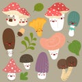 Collection of funny mushrooms. Vector isolates in flat cartoon style.