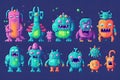 Collection of funny pixel monsters on a blue background