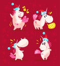 Collection of funny santa unicorn emoticon in santa hat isolated on red winter background.