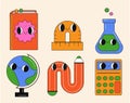 Collection of funny School objects and supplies. Cartoon characters of book, ruler, globe, flask and pencil Royalty Free Stock Photo